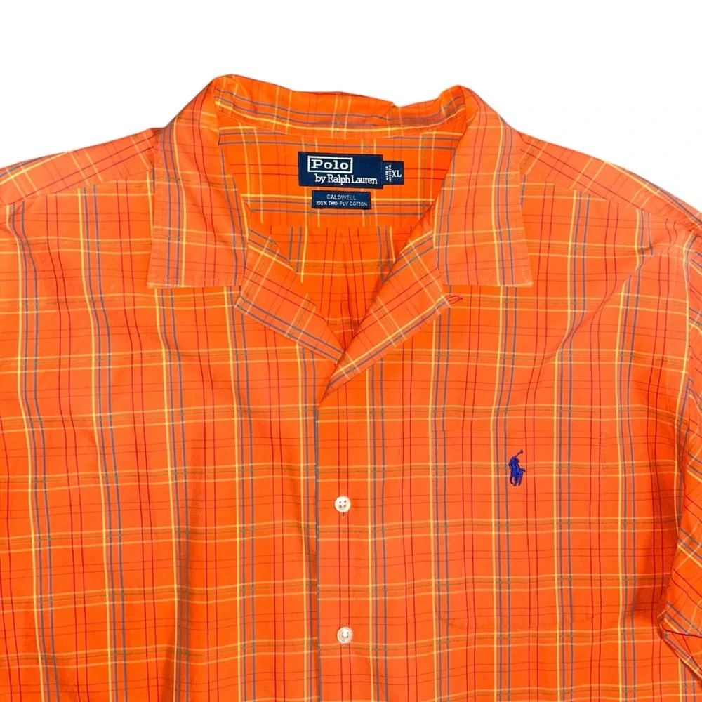 90S Polo By Ralph Lauren Orange Plaid Caldwell Open Collar Short Sleeve Shirt XL